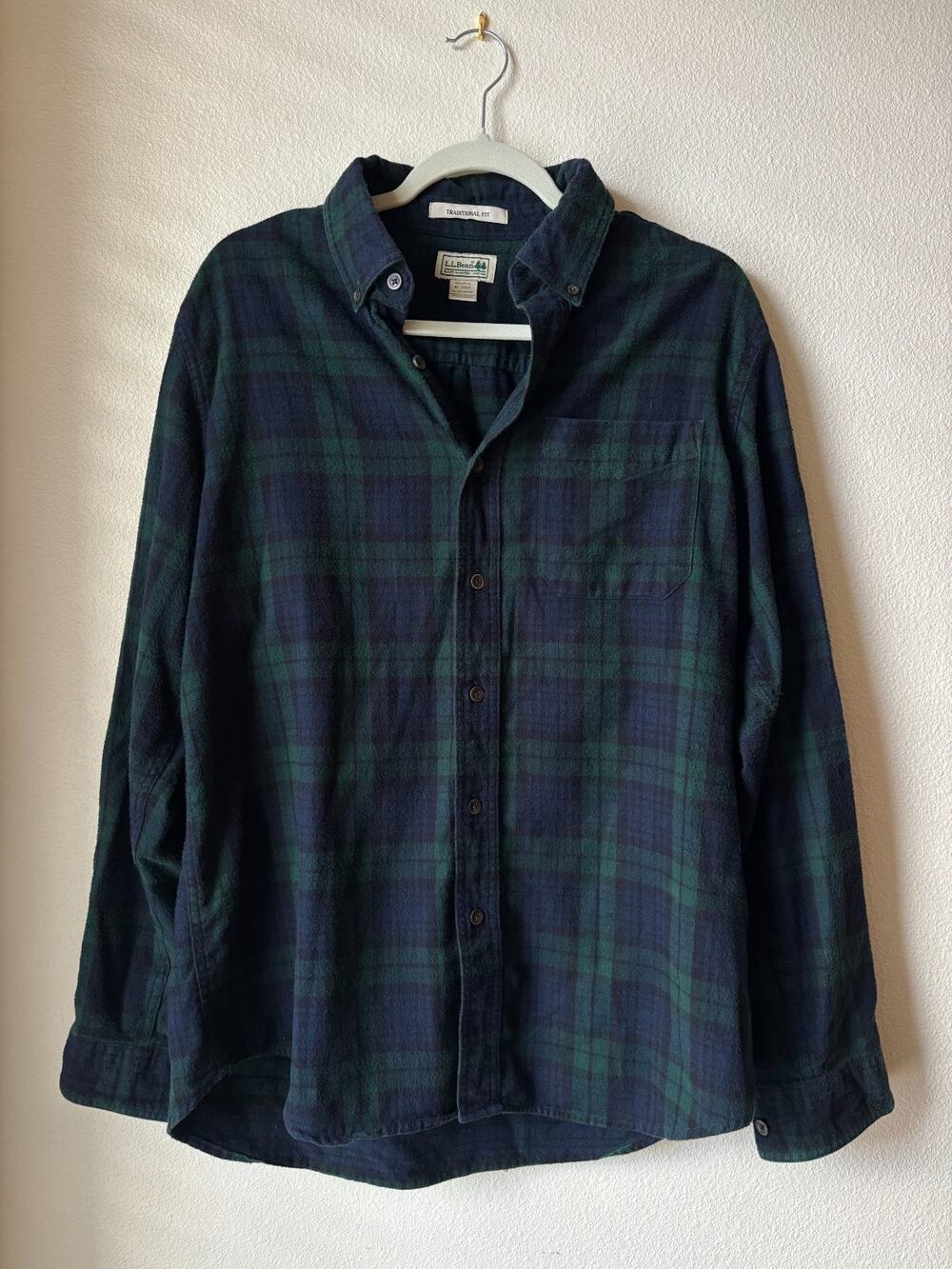 LL Bean Mens Black Watch Plaid Flannel Shirt Traditional Fit Green Navy Medium